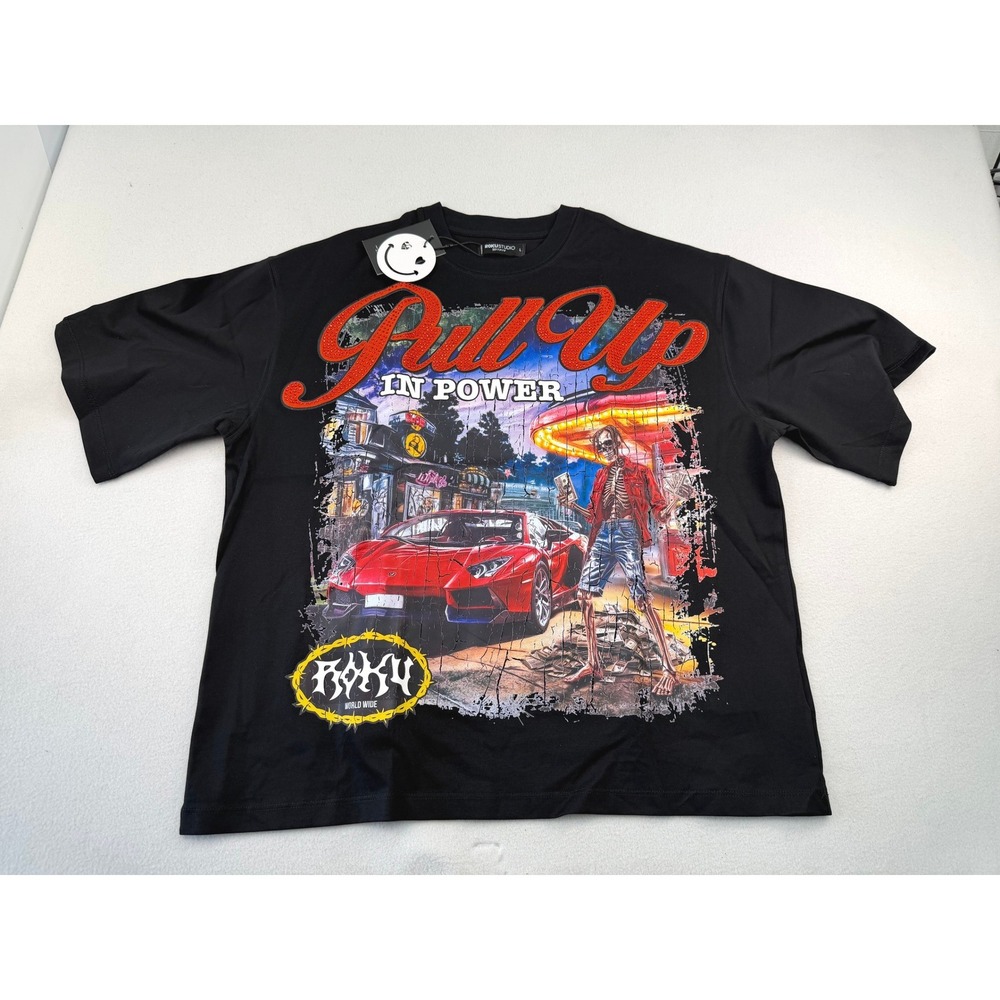 Roku Studio In‎ Power Graphic T-Shirt Mens Large Black Rhinestone Streetwear New